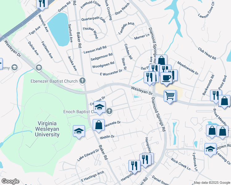 map of restaurants, bars, coffee shops, grocery stores, and more near 5585 Campus Drive in Virginia Beach