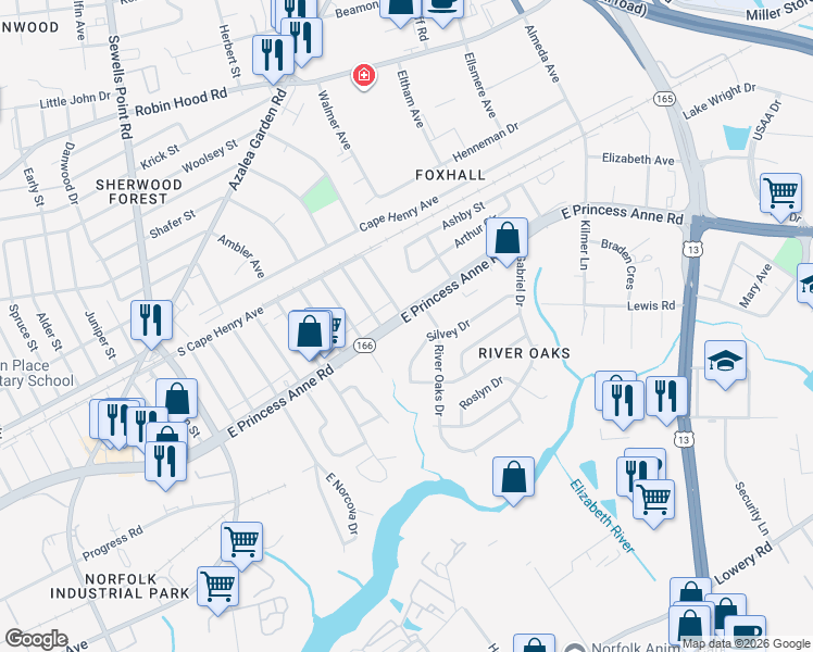 map of restaurants, bars, coffee shops, grocery stores, and more near 5157 East Princess Anne Road in Norfolk