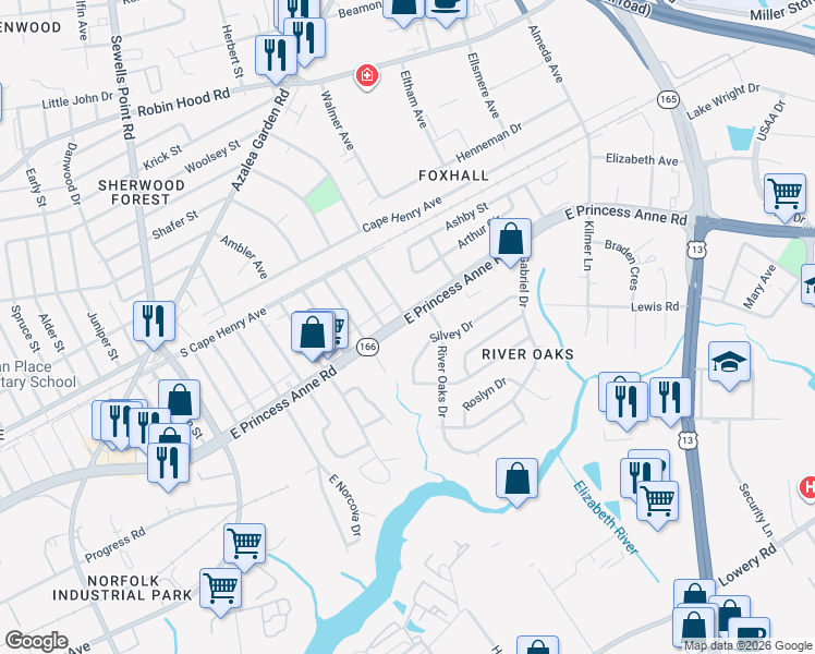 map of restaurants, bars, coffee shops, grocery stores, and more near 5157 East Princess Anne Road in Norfolk