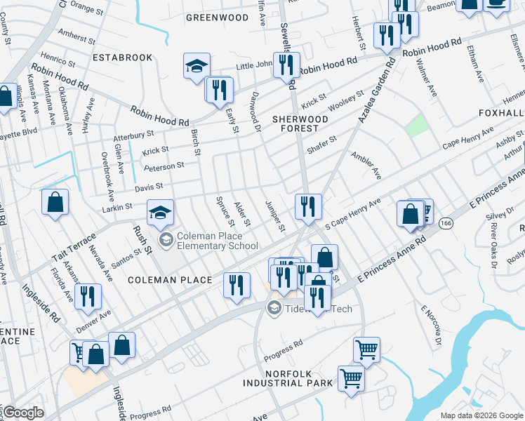 map of restaurants, bars, coffee shops, grocery stores, and more near 2409 Juniper Street in Norfolk