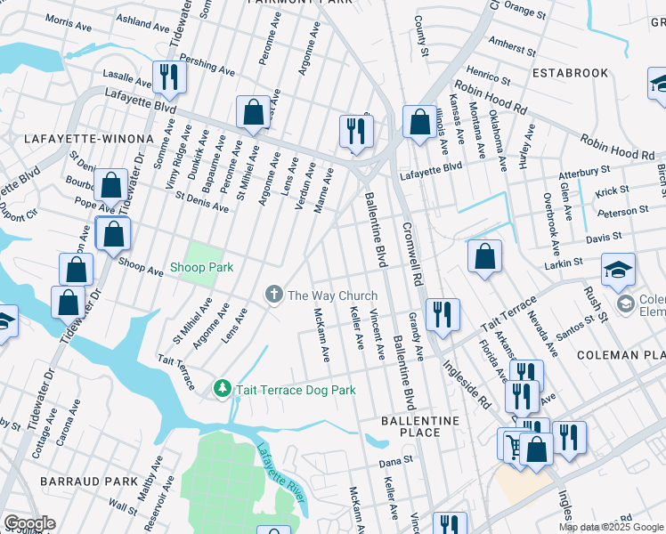 map of restaurants, bars, coffee shops, grocery stores, and more near 2817 Harrell Avenue in Norfolk