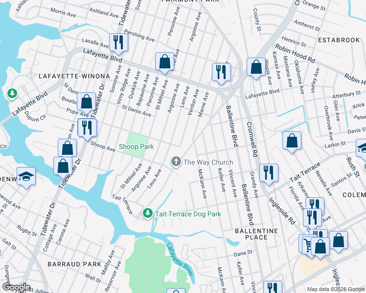 map of restaurants, bars, coffee shops, grocery stores, and more near 2859 Chesapeake Boulevard in Norfolk