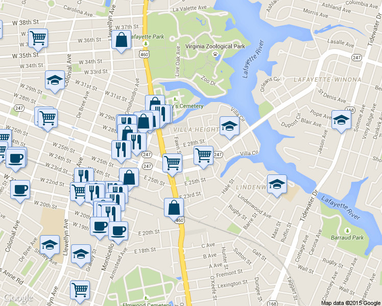 map of restaurants, bars, coffee shops, grocery stores, and more near 750 East 27th Street in Norfolk