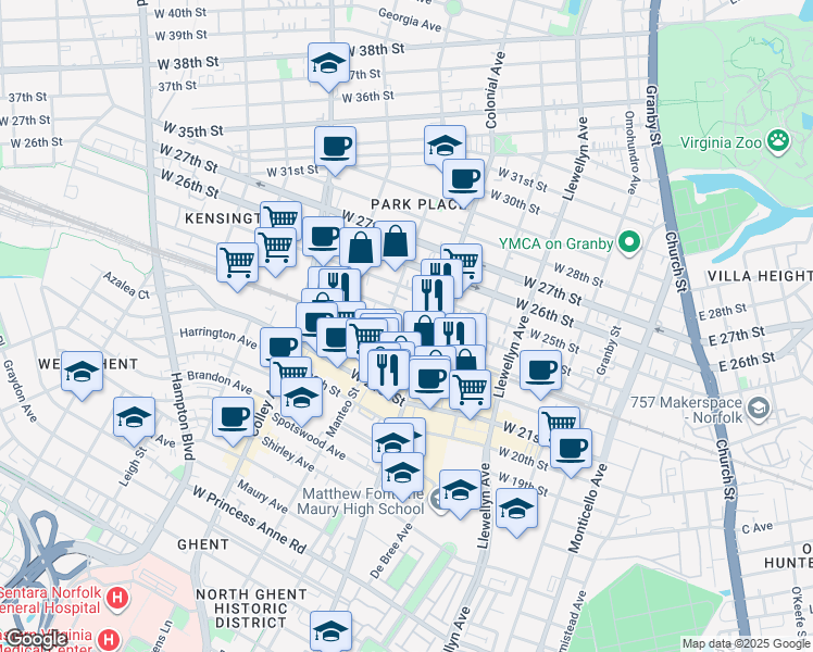 map of restaurants, bars, coffee shops, grocery stores, and more near 501 West 24th Street in Norfolk