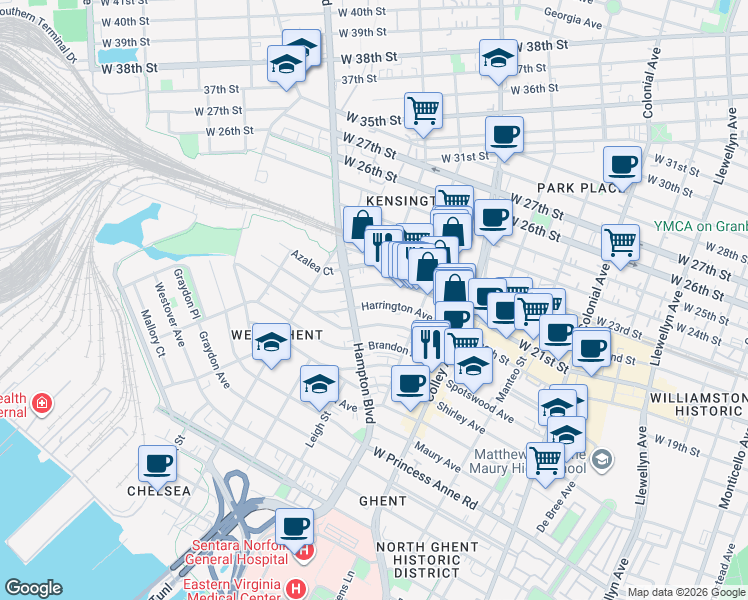 map of restaurants, bars, coffee shops, grocery stores, and more near 948 Harrington Avenue in Norfolk