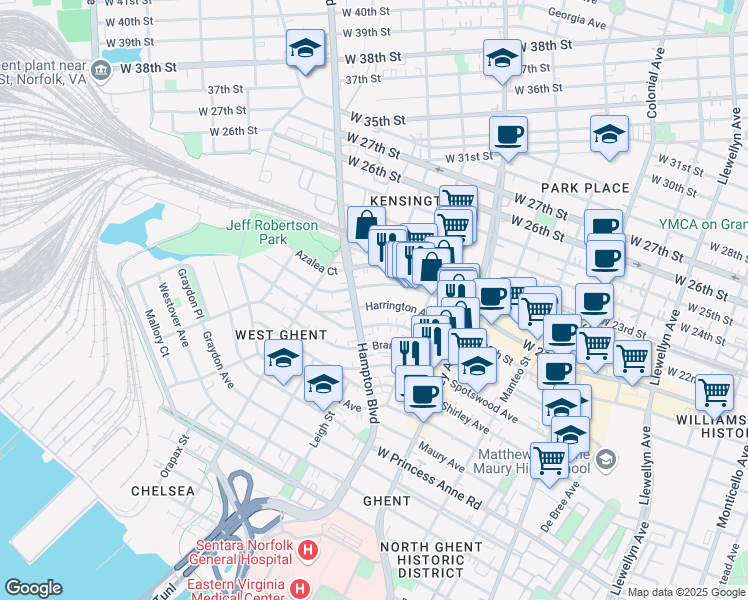 map of restaurants, bars, coffee shops, grocery stores, and more near 948 Harrington Avenue in Norfolk