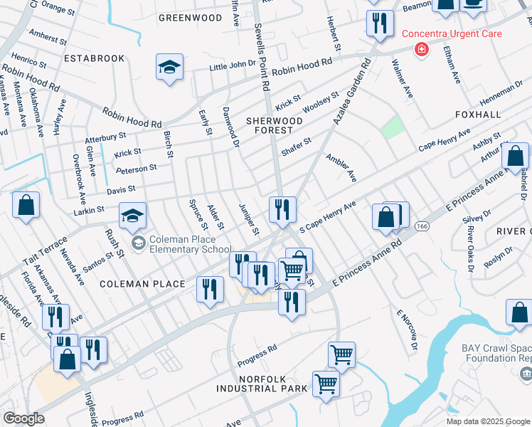 map of restaurants, bars, coffee shops, grocery stores, and more near 2330 Aspin Street in Norfolk