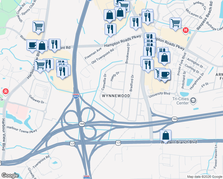 map of restaurants, bars, coffee shops, grocery stores, and more near 4615 Maplewood Drive in Suffolk