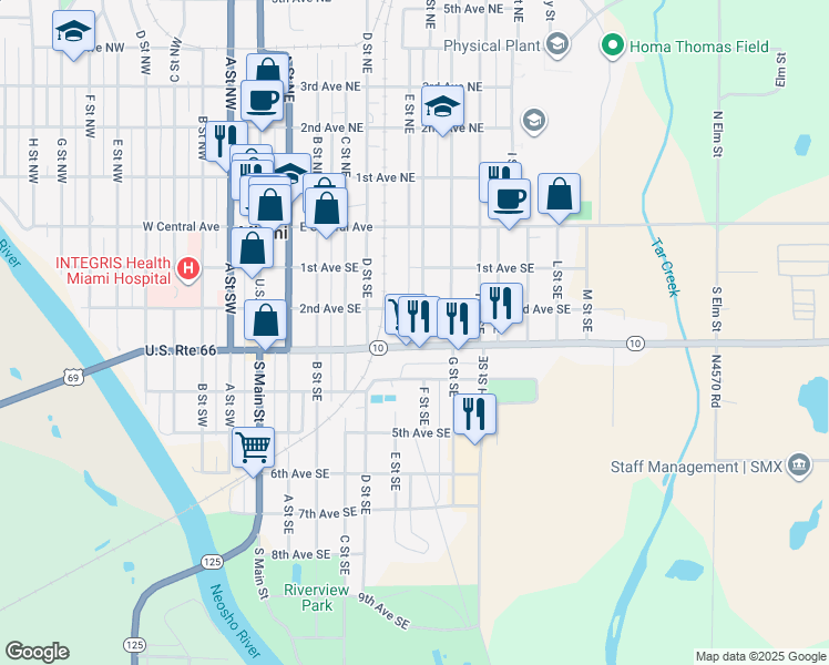 map of restaurants, bars, coffee shops, grocery stores, and more near 218 F Street Southeast in Miami