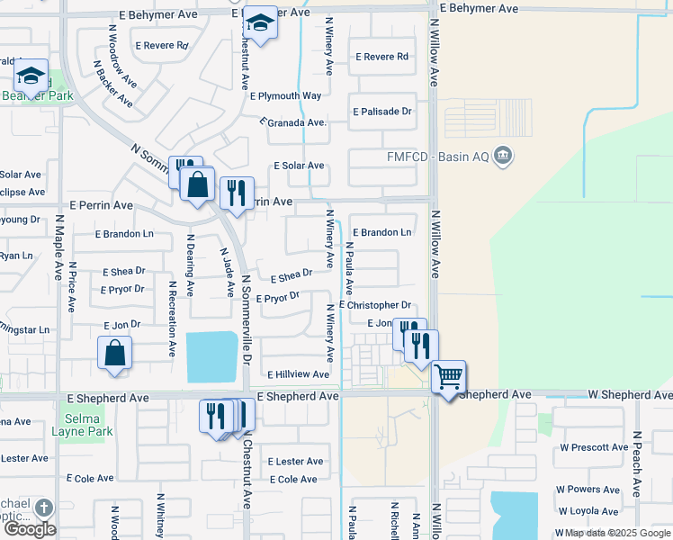 map of restaurants, bars, coffee shops, grocery stores, and more near 9322 North Winery Avenue in Fresno