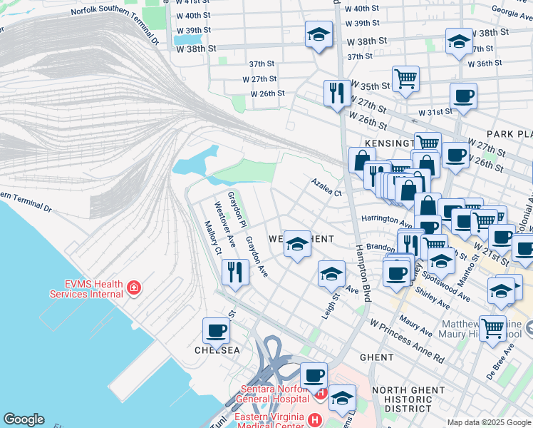 map of restaurants, bars, coffee shops, grocery stores, and more near 1406 West Princess Anne Road in Norfolk