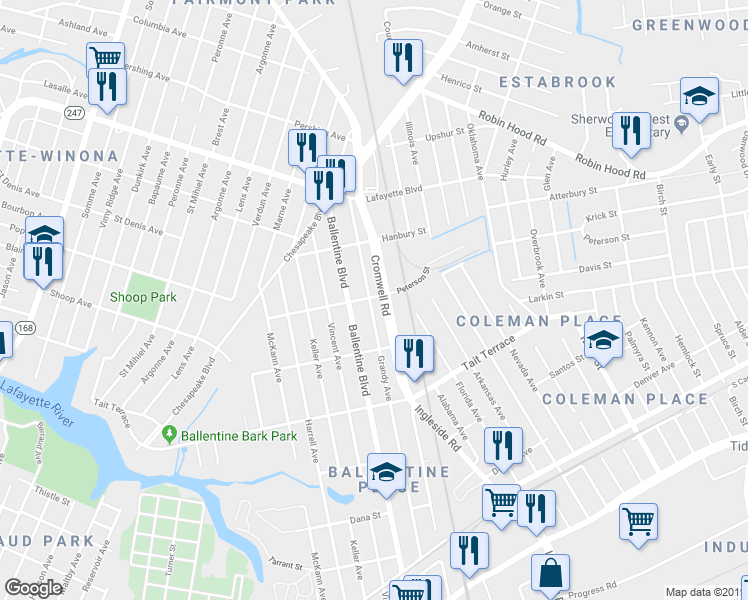 map of restaurants, bars, coffee shops, grocery stores, and more near 2746 Grandy Avenue in Norfolk