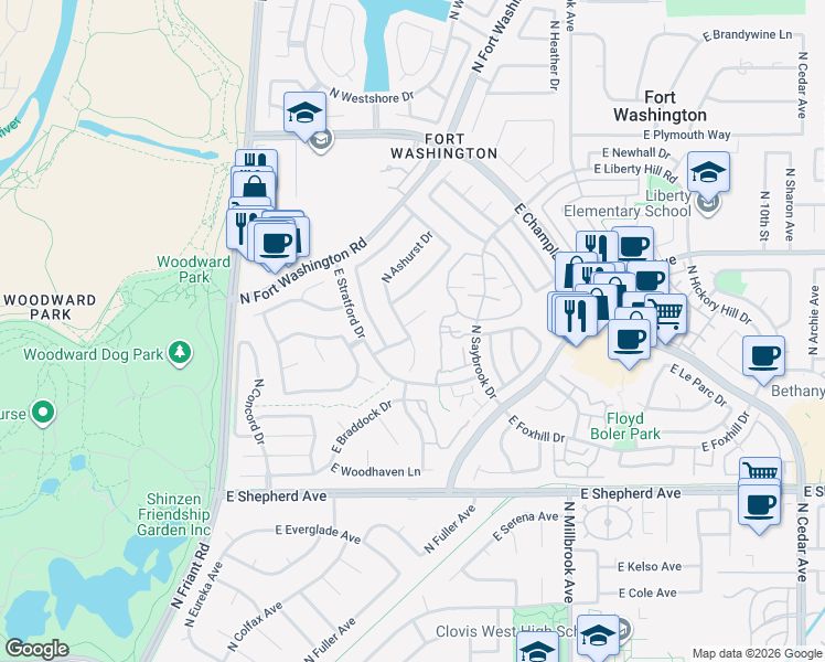 map of restaurants, bars, coffee shops, grocery stores, and more near 742 East Lawnbrook Drive in Fresno