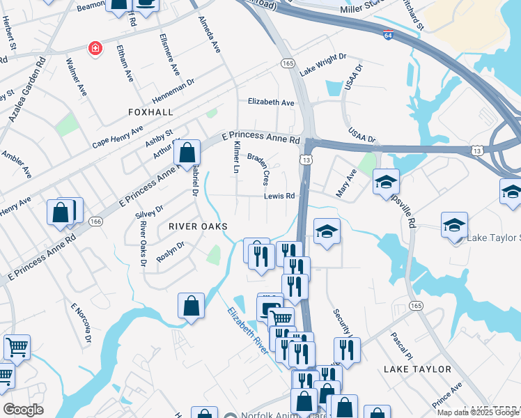 map of restaurants, bars, coffee shops, grocery stores, and more near 1373 South Braden Crescent in Norfolk