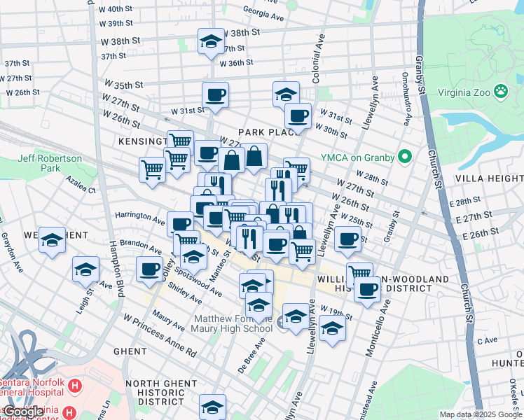 map of restaurants, bars, coffee shops, grocery stores, and more near 501 West 24th Street in Norfolk