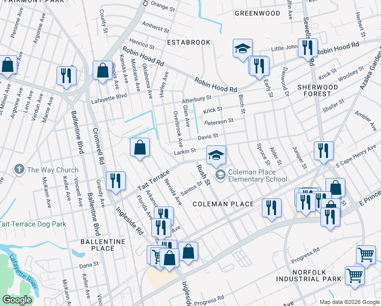 map of restaurants, bars, coffee shops, grocery stores, and more near 3753 Larkin Street in Norfolk
