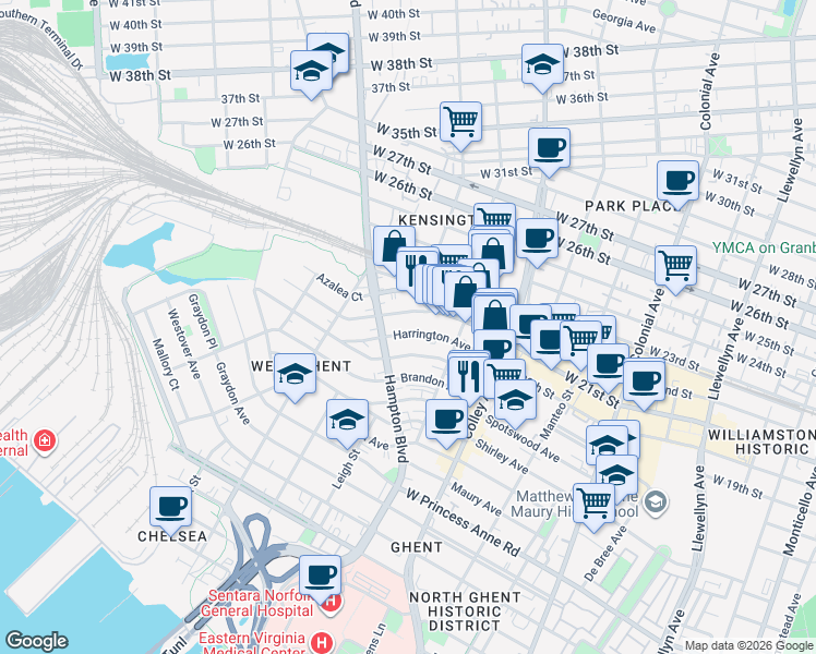 map of restaurants, bars, coffee shops, grocery stores, and more near 948 Harrington Avenue in Norfolk