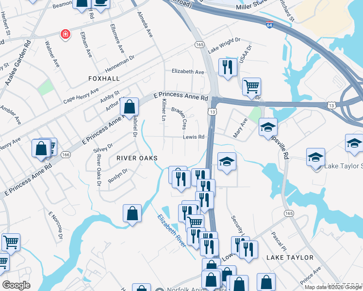 map of restaurants, bars, coffee shops, grocery stores, and more near 1373 South Braden Crescent in Norfolk