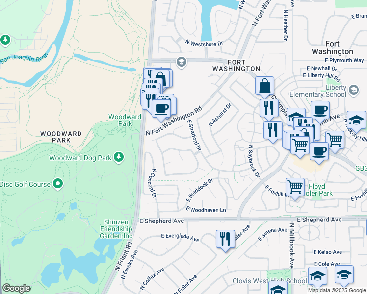 map of restaurants, bars, coffee shops, grocery stores, and more near 468 East Walnut Hill Avenue in Fresno