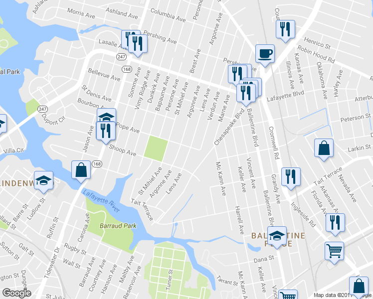 map of restaurants, bars, coffee shops, grocery stores, and more near 2837 Lens Avenue in Norfolk