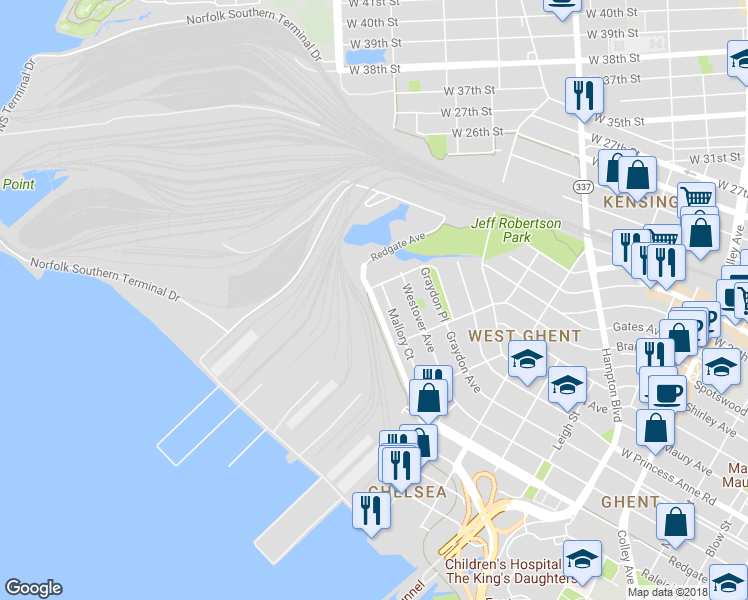 map of restaurants, bars, coffee shops, grocery stores, and more near 2200 Redgate Avenue in Norfolk
