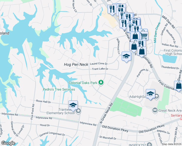 map of restaurants, bars, coffee shops, grocery stores, and more near 2276 Tanglewood Trail in Virginia Beach