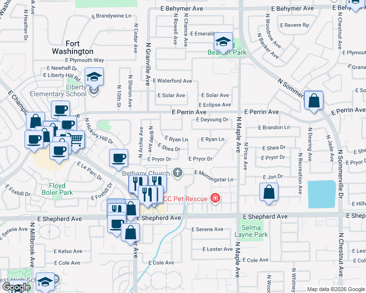 map of restaurants, bars, coffee shops, grocery stores, and more near 1692 East Shea Drive in Fresno