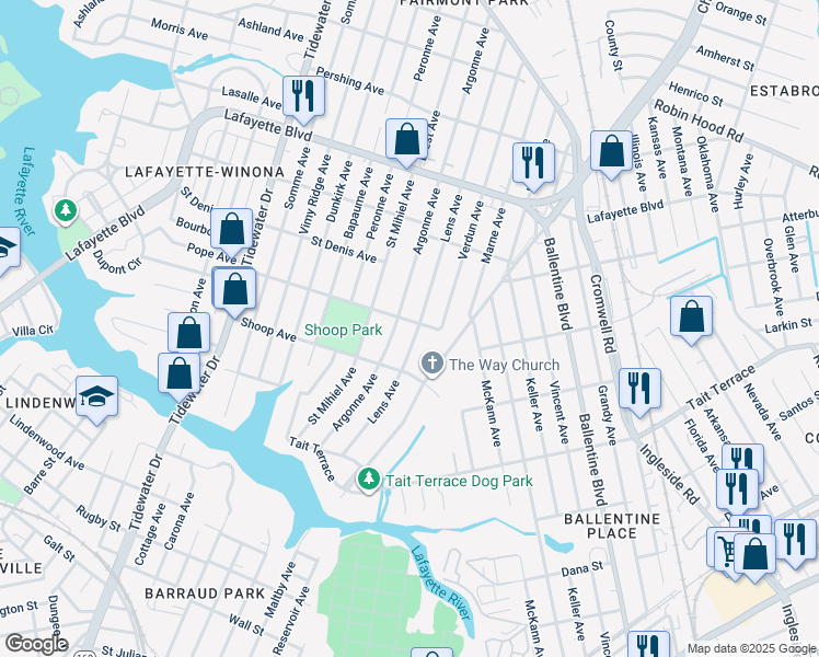 map of restaurants, bars, coffee shops, grocery stores, and more near 2837 Lens Avenue in Norfolk