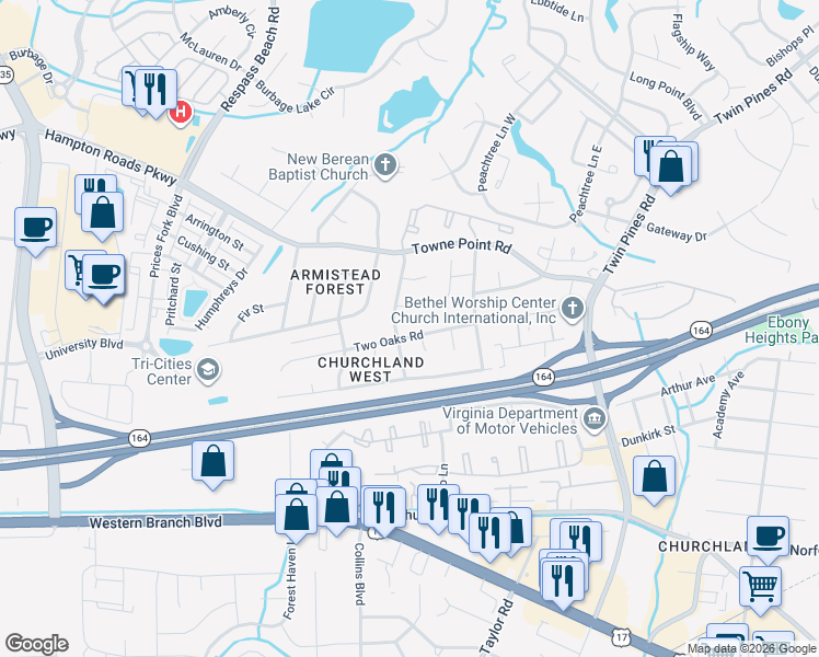 map of restaurants, bars, coffee shops, grocery stores, and more near 3840 Two Oaks Road in Portsmouth