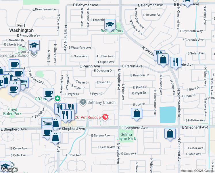 map of restaurants, bars, coffee shops, grocery stores, and more near 1862 East Shea Drive in Fresno