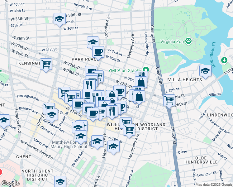 map of restaurants, bars, coffee shops, grocery stores, and more near 244 West 25th Street in Norfolk