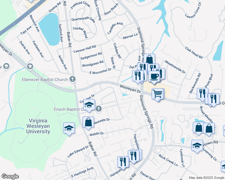 map of restaurants, bars, coffee shops, grocery stores, and more near 5498 Keydet Drive in Virginia Beach