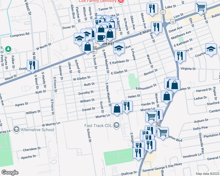 map of restaurants, bars, coffee shops, grocery stores, and more near 516 South New Madrid Street in Sikeston
