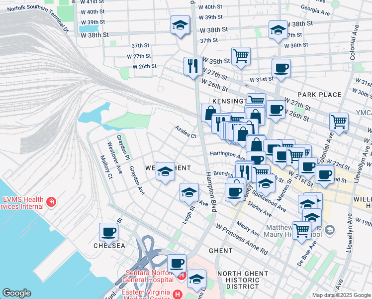 map of restaurants, bars, coffee shops, grocery stores, and more near 1908 Claremont Avenue in Norfolk