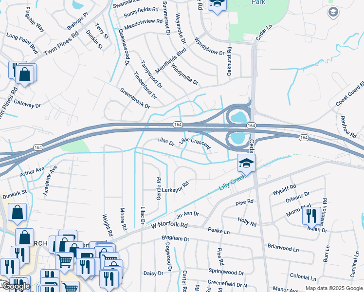 map of restaurants, bars, coffee shops, grocery stores, and more near 5401 Lilac Crescent in Portsmouth