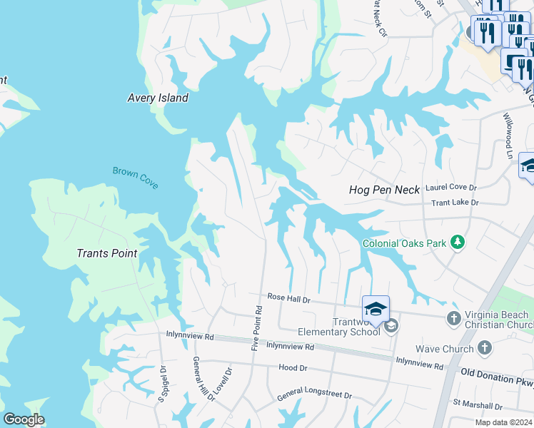 map of restaurants, bars, coffee shops, grocery stores, and more near 1236 Five Point Road in Virginia Beach