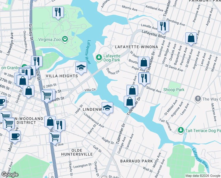 map of restaurants, bars, coffee shops, grocery stores, and more near 1747 Tait Terrace in Norfolk