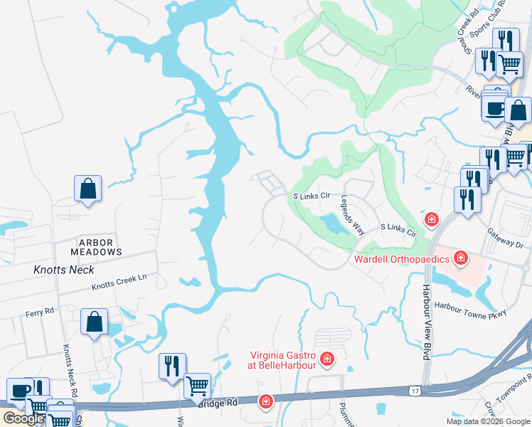 map of restaurants, bars, coffee shops, grocery stores, and more near 5060 South Links Circle in Suffolk