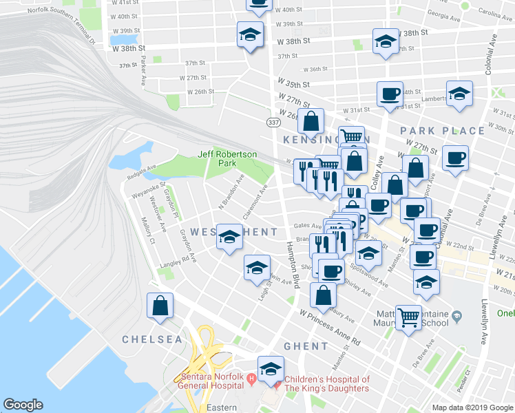 map of restaurants, bars, coffee shops, grocery stores, and more near 1908 Claremont Avenue in Norfolk