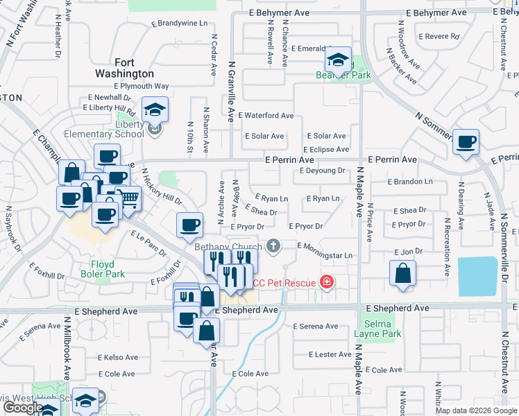 map of restaurants, bars, coffee shops, grocery stores, and more near 1630 East Shea Drive in Fresno