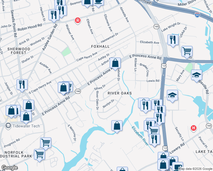 map of restaurants, bars, coffee shops, grocery stores, and more near 5323 Silvey Drive in Norfolk
