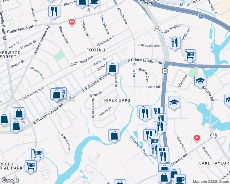 map of restaurants, bars, coffee shops, grocery stores, and more near 1409 Gabriel Drive in Norfolk