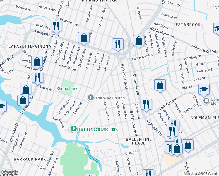 map of restaurants, bars, coffee shops, grocery stores, and more near 2817 Harrell Avenue in Norfolk
