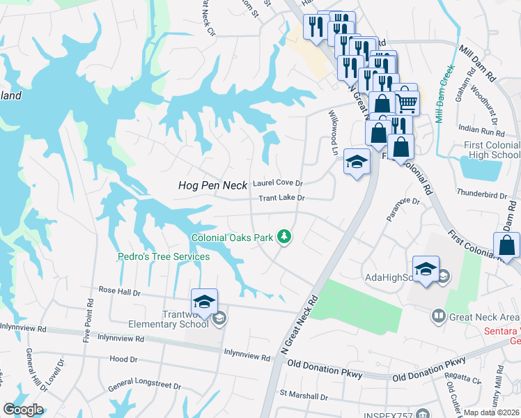 map of restaurants, bars, coffee shops, grocery stores, and more near 2276 Tanglewood Trail in Virginia Beach