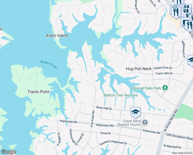 map of restaurants, bars, coffee shops, grocery stores, and more near 1236 Five Point Road in Virginia Beach
