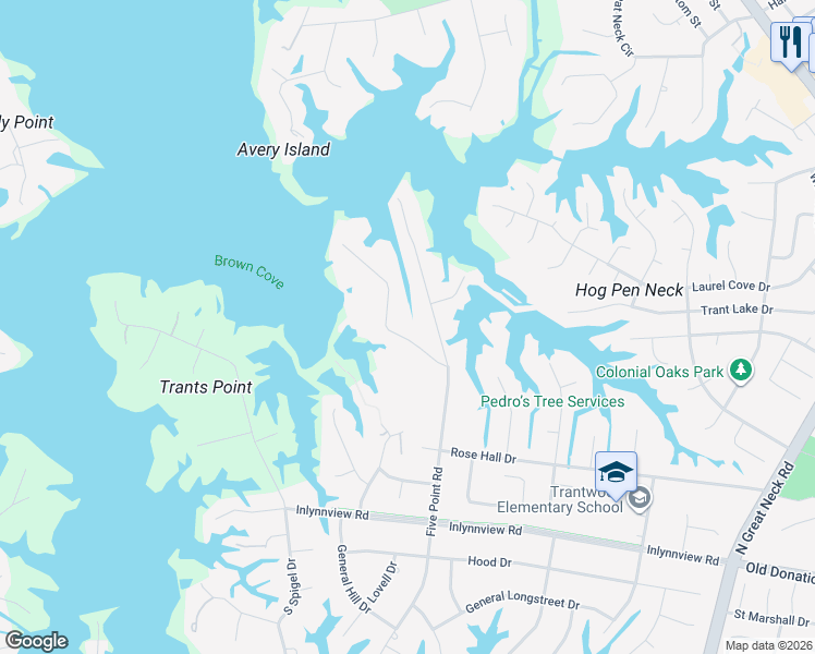 map of restaurants, bars, coffee shops, grocery stores, and more near 1296 Holly Point Road in Virginia Beach