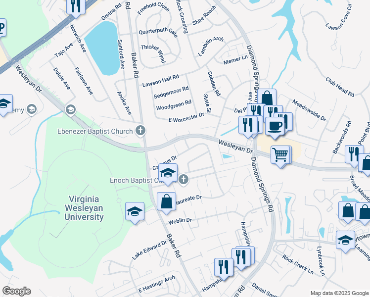 map of restaurants, bars, coffee shops, grocery stores, and more near 5585 Campus Drive in Virginia Beach