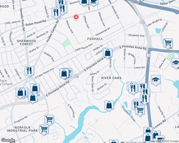 map of restaurants, bars, coffee shops, grocery stores, and more near 1443 River Oaks Drive in Norfolk