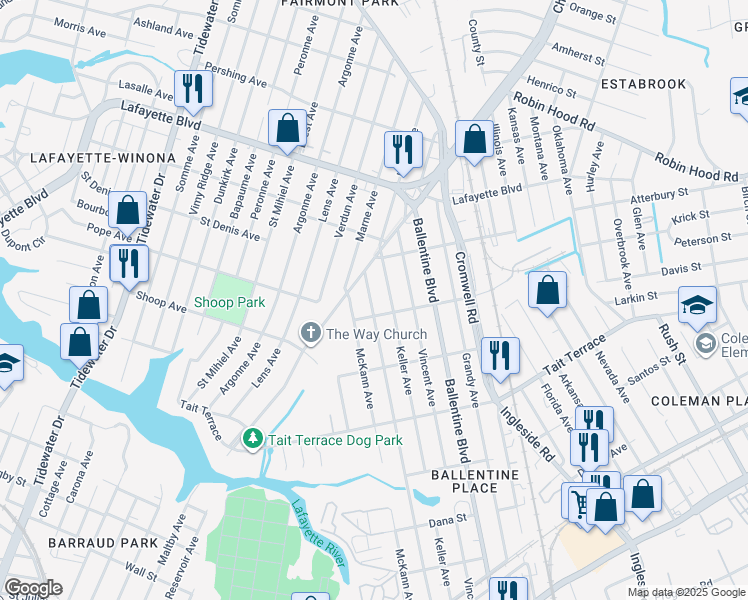 map of restaurants, bars, coffee shops, grocery stores, and more near 2817 Harrell Avenue in Norfolk