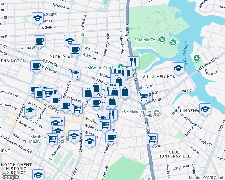 map of restaurants, bars, coffee shops, grocery stores, and more near 110 West 26th Street in Norfolk